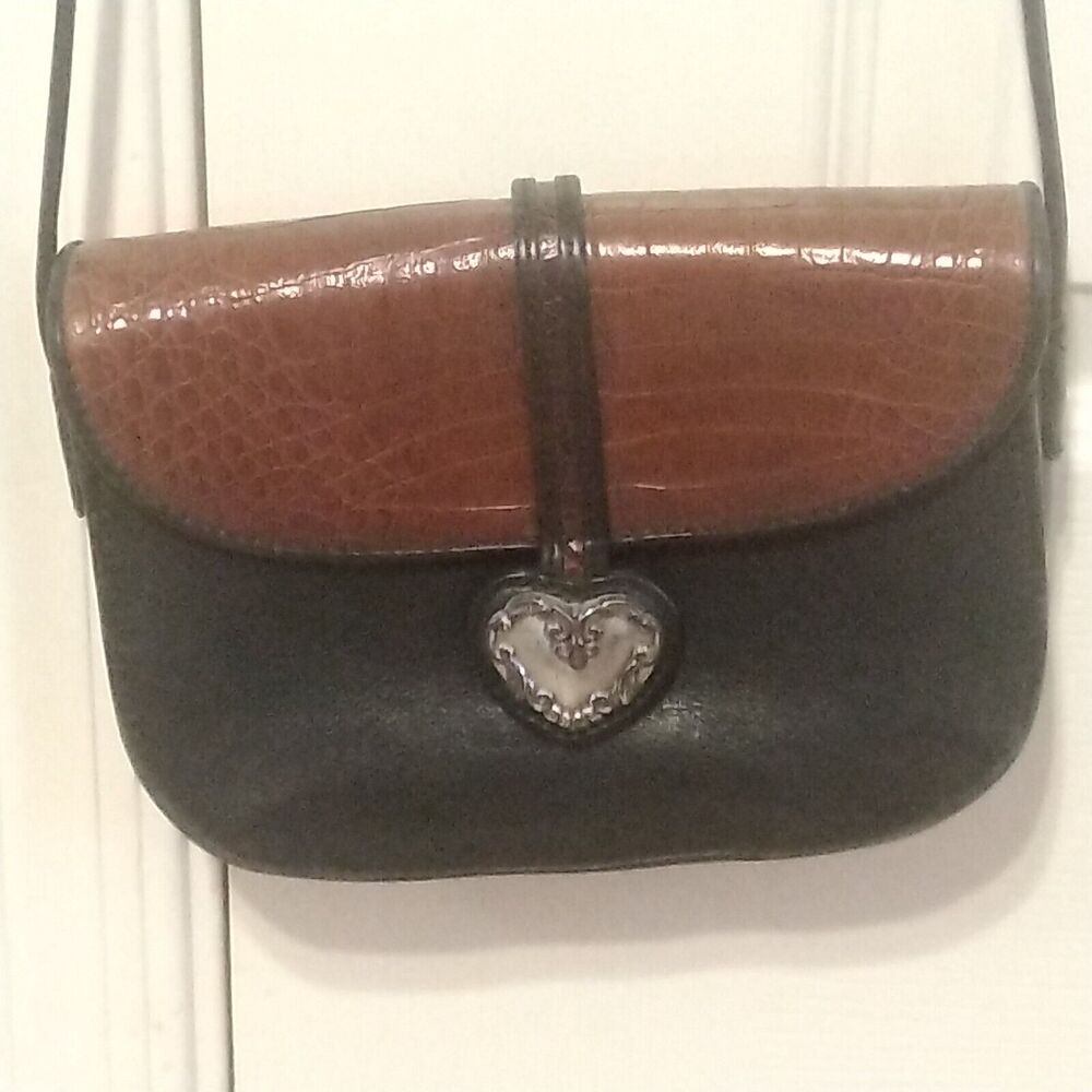Vtg Women's Brighton Leather Bag Small Black & Brown Crossbody Bag Heart Closure